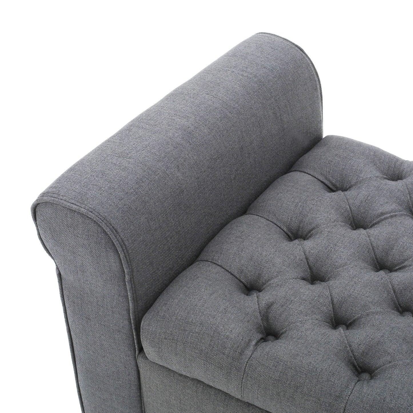 Close-up view of the Hayes Contemporary Armed Storage Bench featuring gray upholstery, rolled arms, and button tufting—highlighting the fabric texture and stitching details.