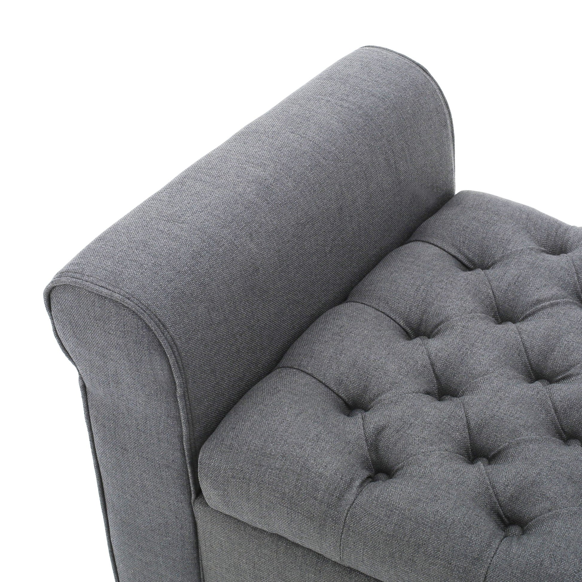Close-up view of the Hayes Contemporary Armed Storage Bench featuring gray upholstery, rolled arms, and button tufting—highlighting the fabric texture and stitching details.
