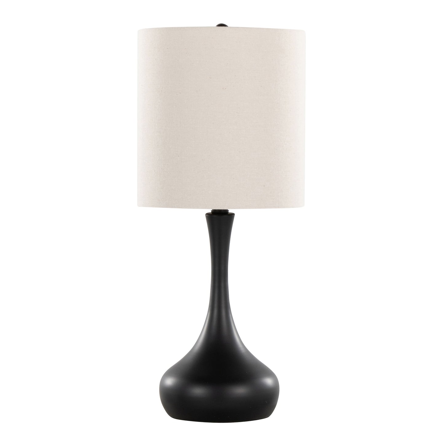 The Genie - Contemporary Table Lamp (Set of 2) features a matte black curved base and an oatmeal cylindrical fabric shade, showcased against a plain white background.