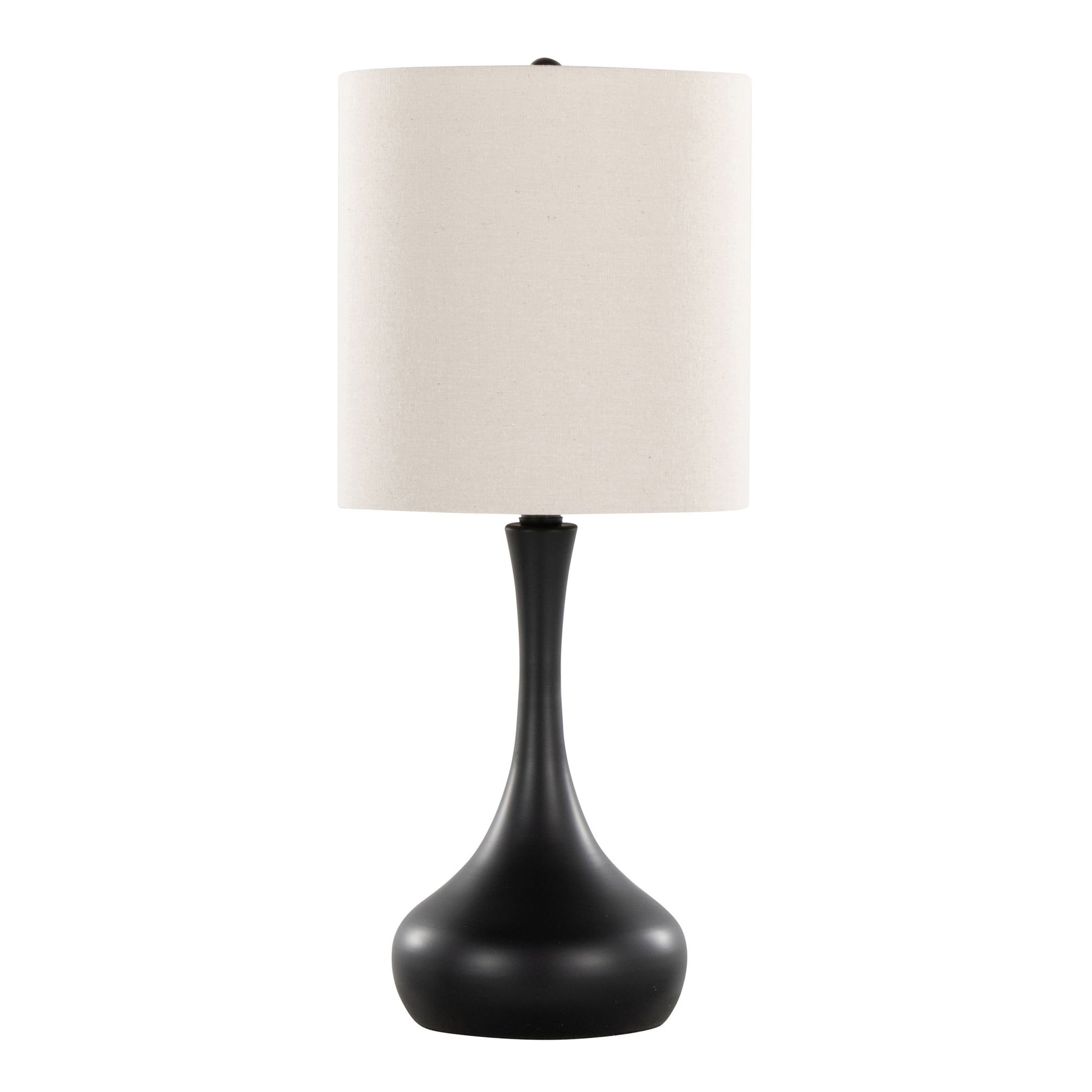 The Genie - Contemporary Table Lamp (Set of 2) features a matte black curved base and an oatmeal cylindrical fabric shade, showcased against a plain white background.