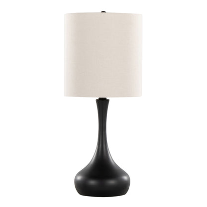 The Genie - Contemporary Table Lamp (Set of 2) features a matte black curved base and an oatmeal cylindrical fabric shade, showcased against a plain white background.
