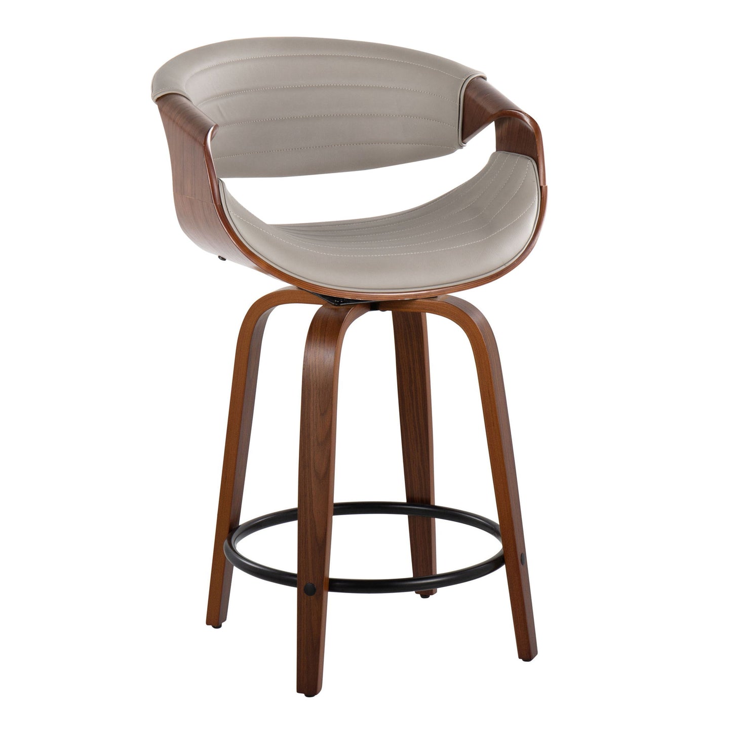 The Symphony Mid Century Modern Fixed Height Counter Stool Set features a curved walnut wood frame, beige padded seat and backrest, swivel function, and a black round metal footrest connecting four wooden legs.