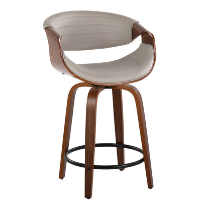 The Symphony Mid Century Modern Fixed Height Counter Stool Set features a curved walnut wood frame, beige padded seat and backrest, swivel function, and a black round metal footrest connecting four wooden legs.
