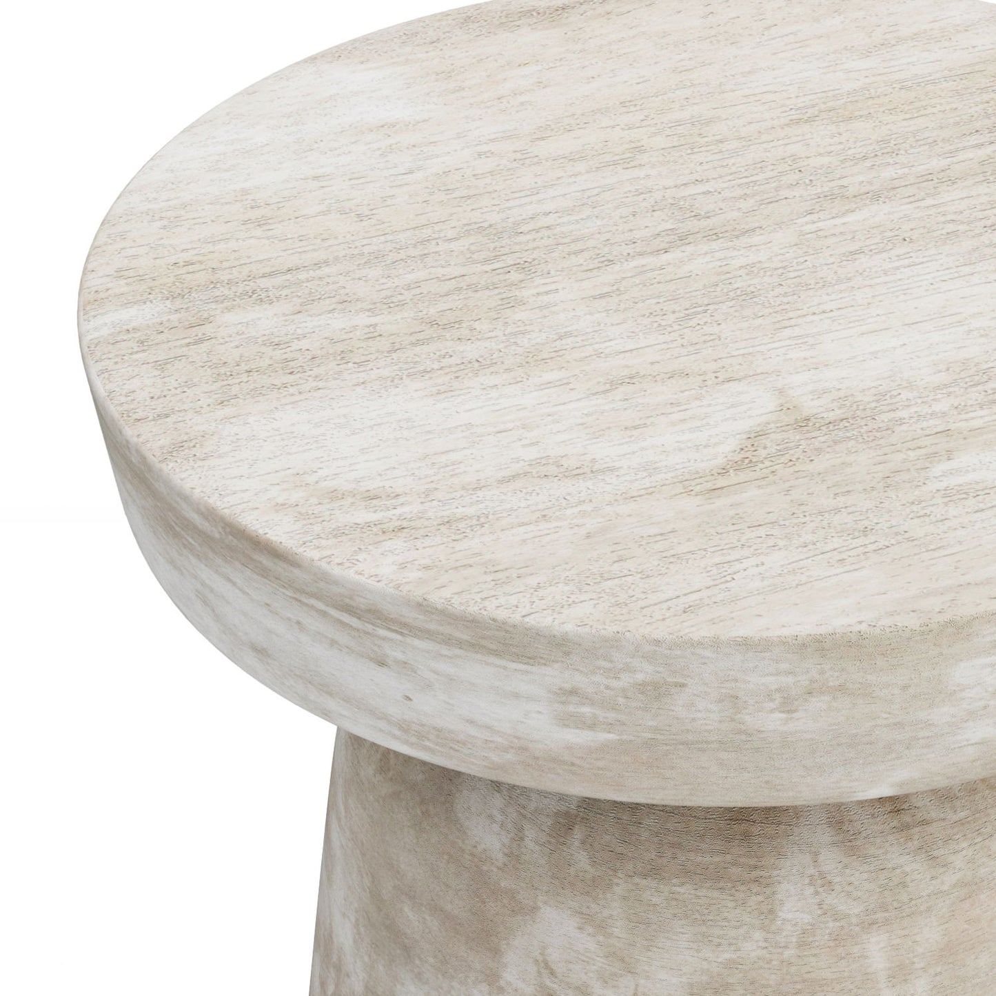 Close-up of the Robbie - Handcrafted Accent Table’s round, light wood tabletop featuring a smooth, subtly textured surface with visible grain and gently curved edges.