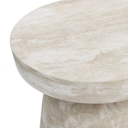 Close-up of the Robbie - Handcrafted Accent Table’s round, light wood tabletop featuring a smooth, subtly textured surface with visible grain and gently curved edges.