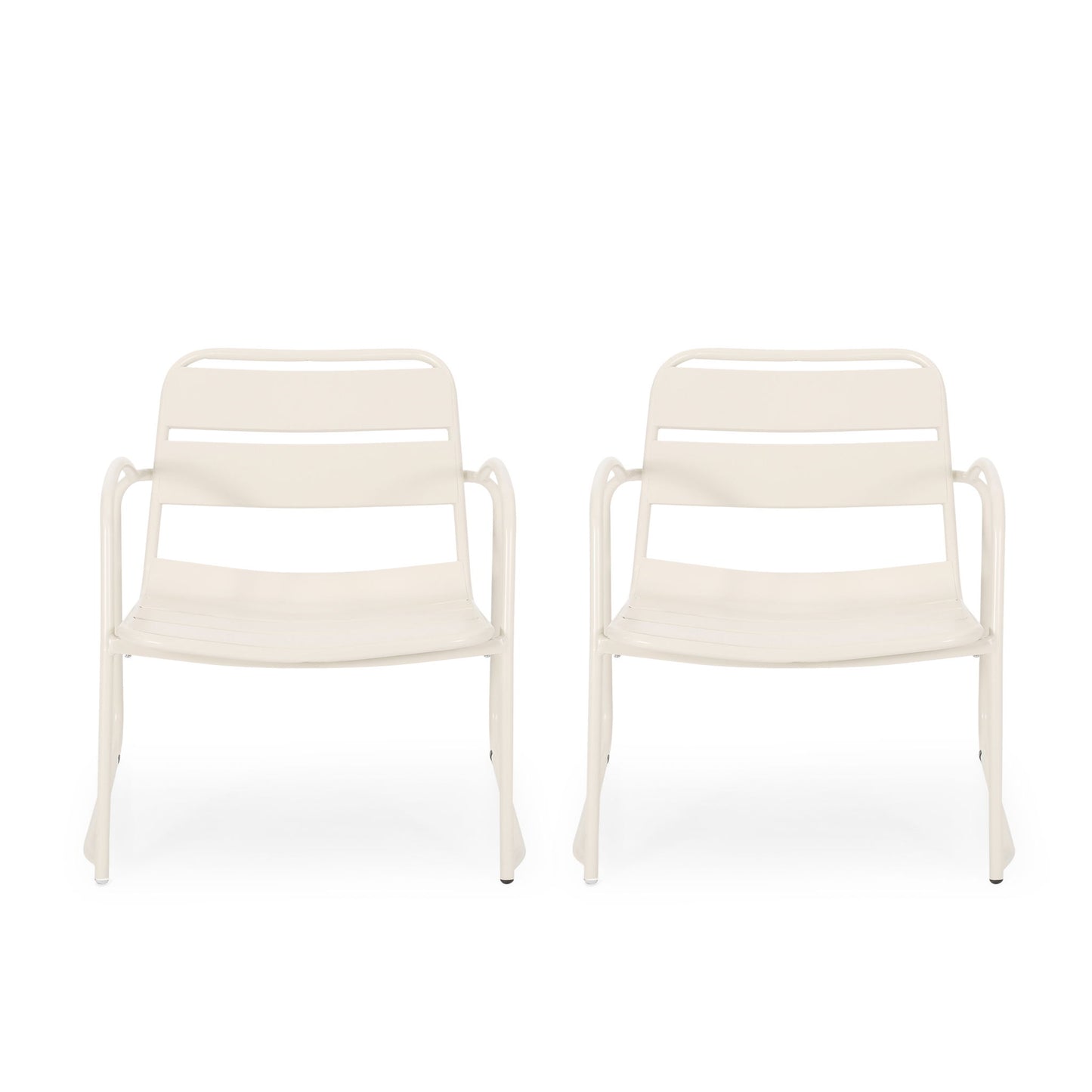 Two identical Conrad Outdoor Chairs in white metal with armrests and simple horizontal slats on the backrests and seats are arranged side by side against a plain white background.