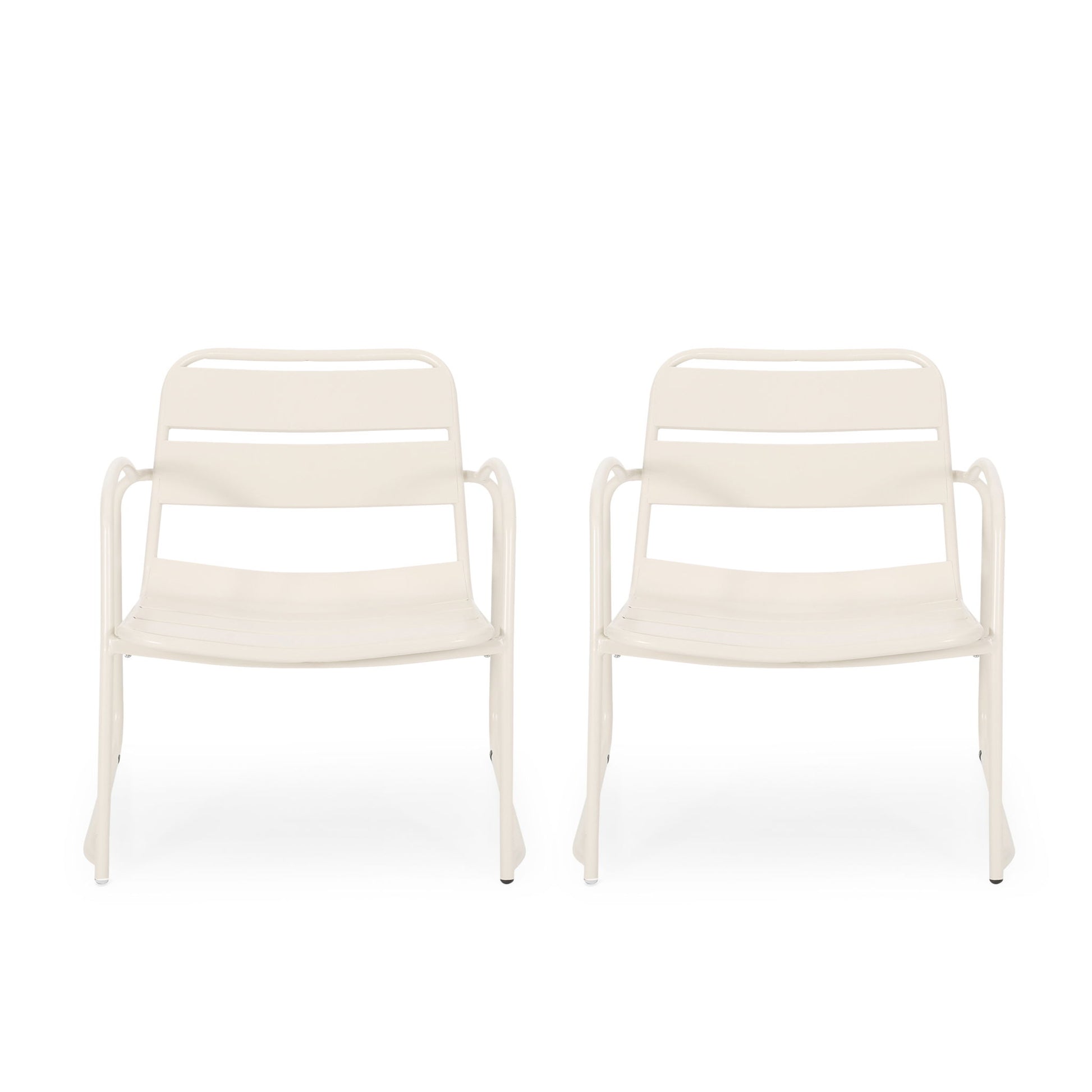 Two identical Conrad Outdoor Chairs in white metal with armrests and simple horizontal slats on the backrests and seats are arranged side by side against a plain white background.
