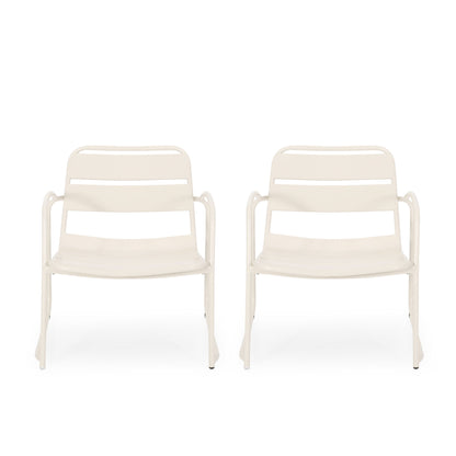 Two identical Conrad Outdoor Chairs in white metal with armrests and simple horizontal slats on the backrests and seats are arranged side by side against a plain white background.