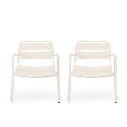 Two identical Conrad Outdoor Chairs in white metal with armrests and simple horizontal slats on the backrests and seats are arranged side by side against a plain white background.