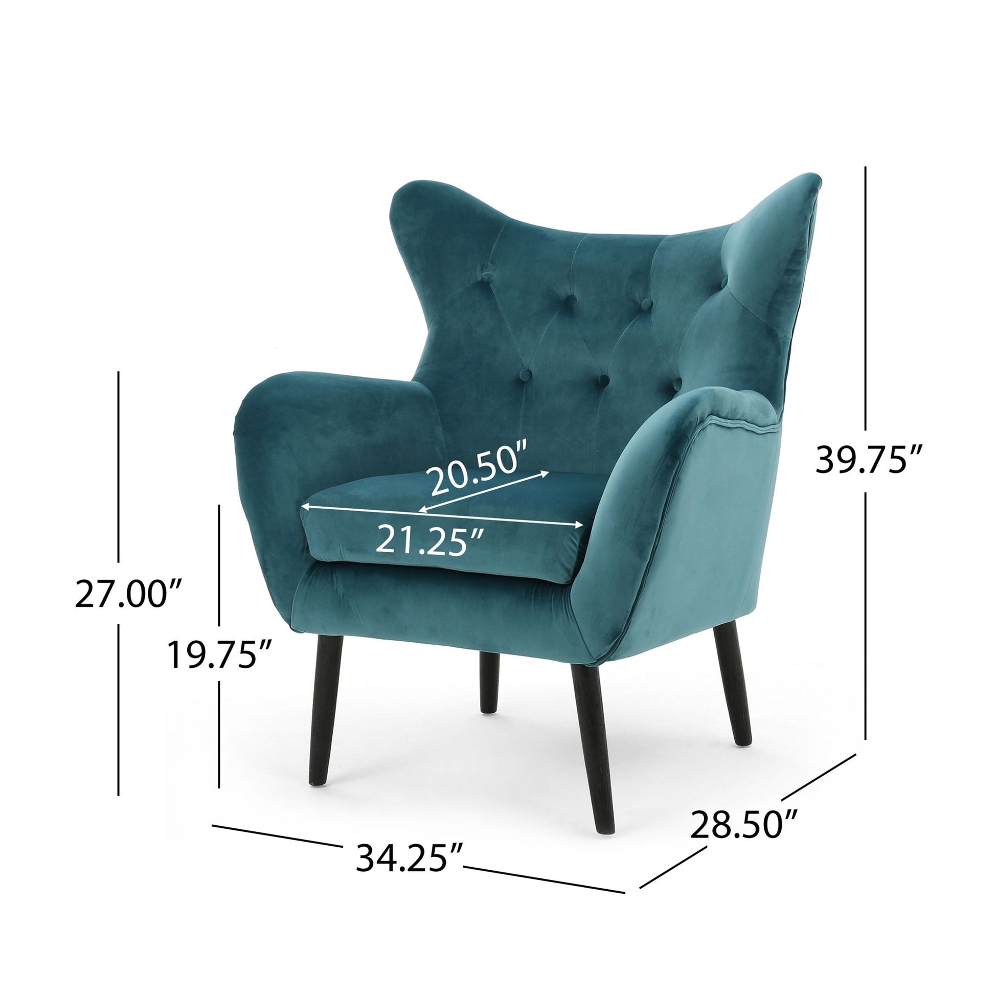 The Alyssa Mid Century Upholstered Arm Chair with wingback design in teal features black legs and measures 39.75"H x 34.25"W x 28.5"D; seat: 19.75"H x 21.25"W x 20.5"D; armrests: 27"H.