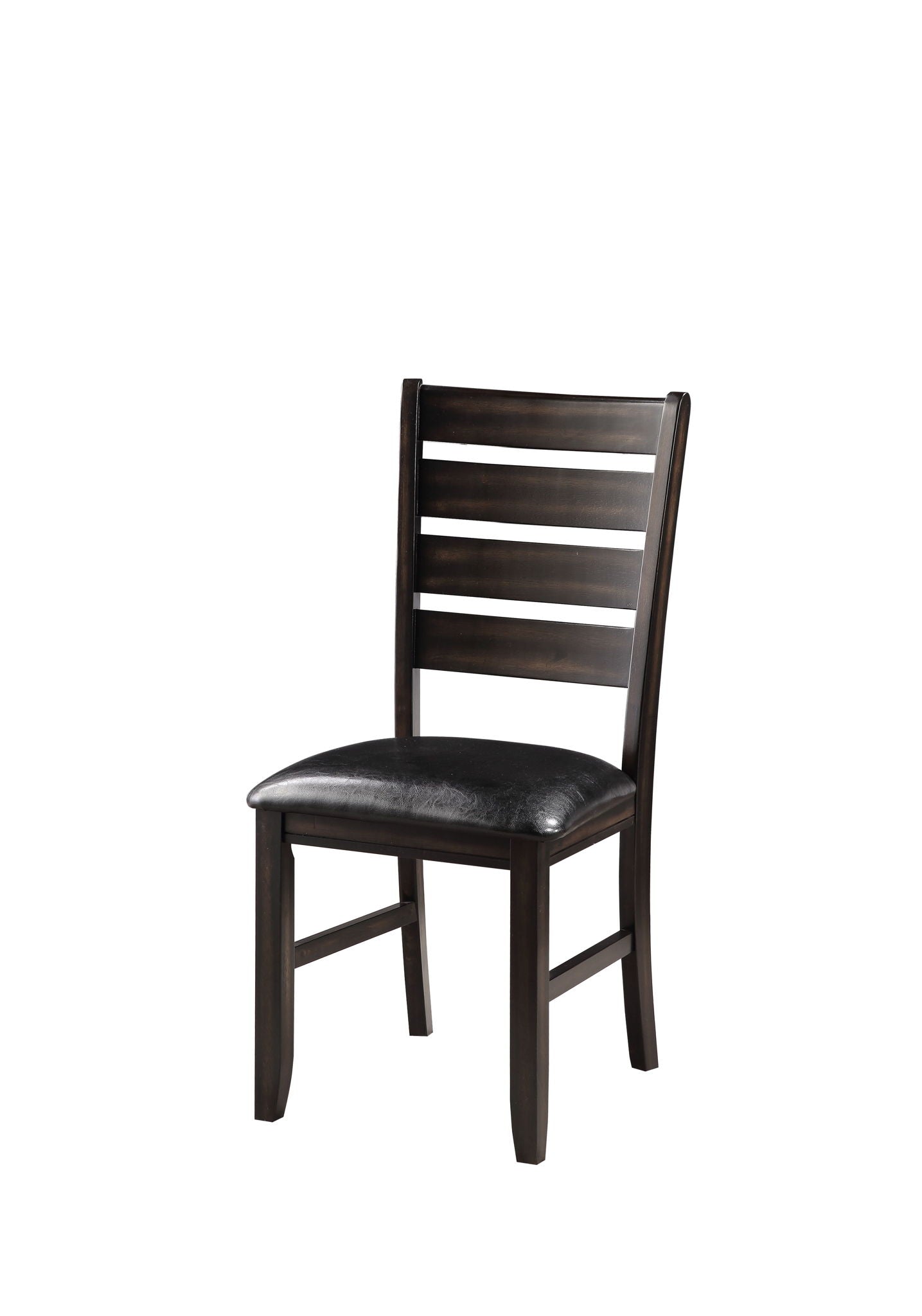 The Urbana Synthetic Leather Side Chair (Set of 2) features a dark wood frame, black cushioned seat, and horizontal slat backrest, displayed against a white background.