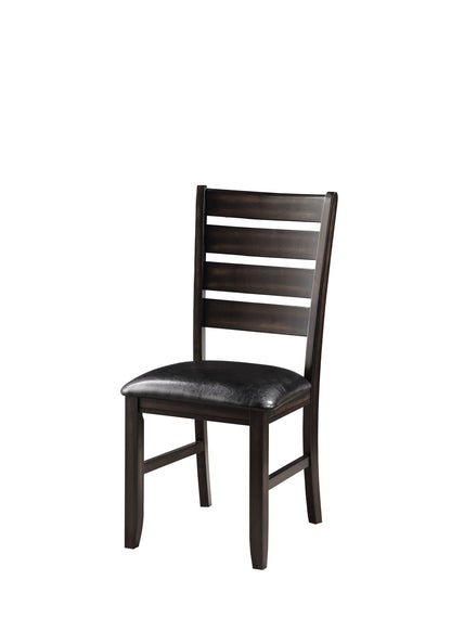 The Urbana Synthetic Leather Side Chair (Set of 2) features a dark wood frame, black cushioned seat, and horizontal slat backrest, displayed against a white background.