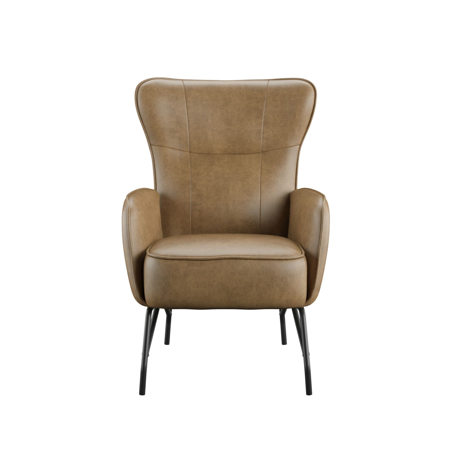 The Graham Accent Chair features brown leather upholstery, a high curved backrest, cushioned seat, and black metal legs, shown from the front against a white background.