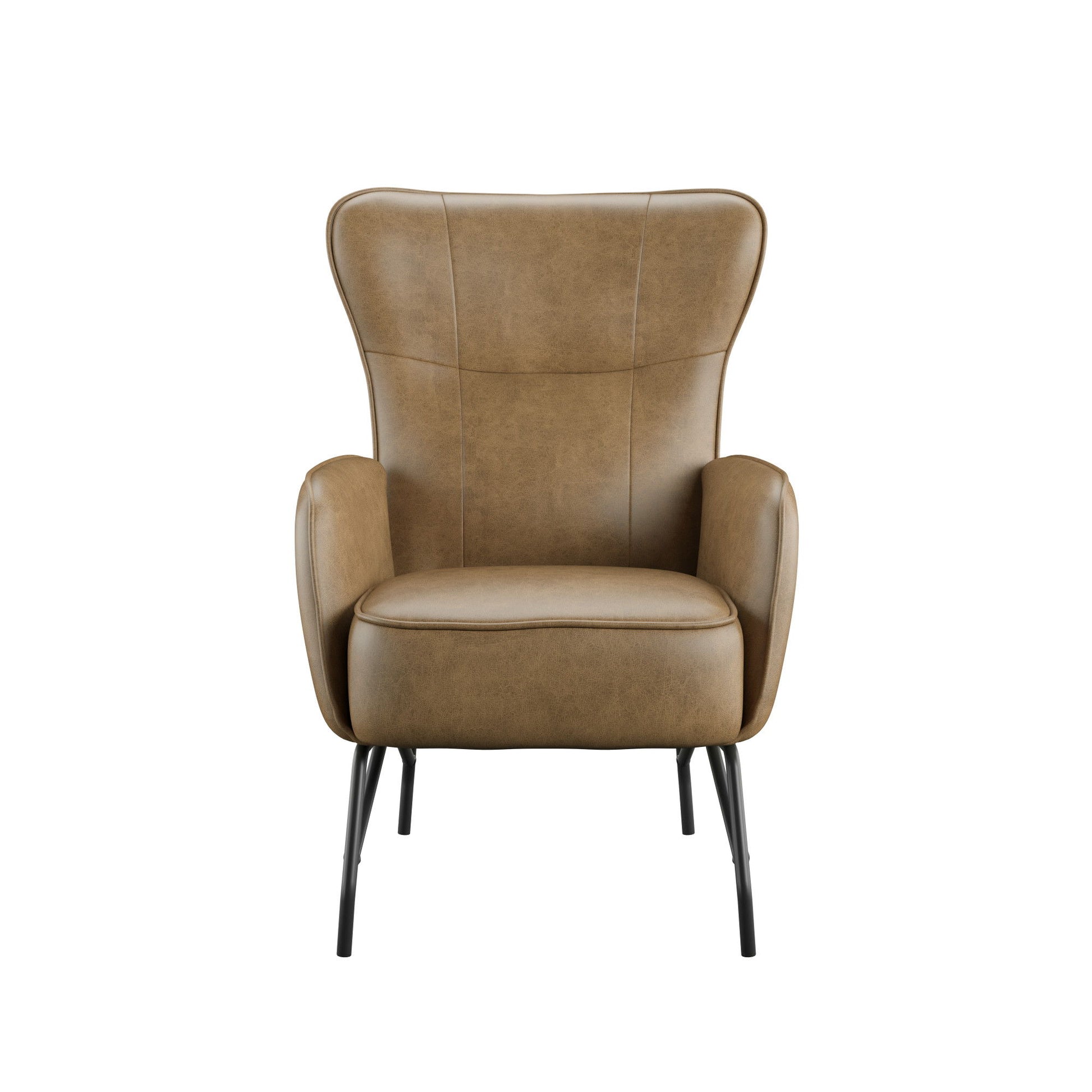 The Graham Accent Chair features brown leather upholstery, a high curved backrest, cushioned seat, and black metal legs, shown from the front against a white background.