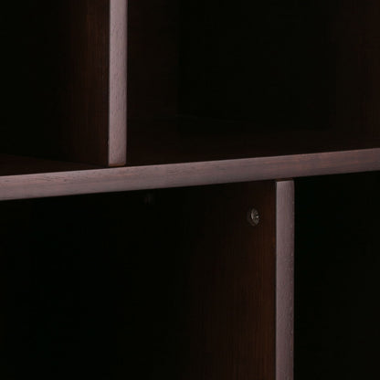 Close-up of the corner of the Draper - Mid Century Wide Bookcase And Storage Unit, highlighting intersecting dark wood panels, a smooth finish, and a visible side screw.