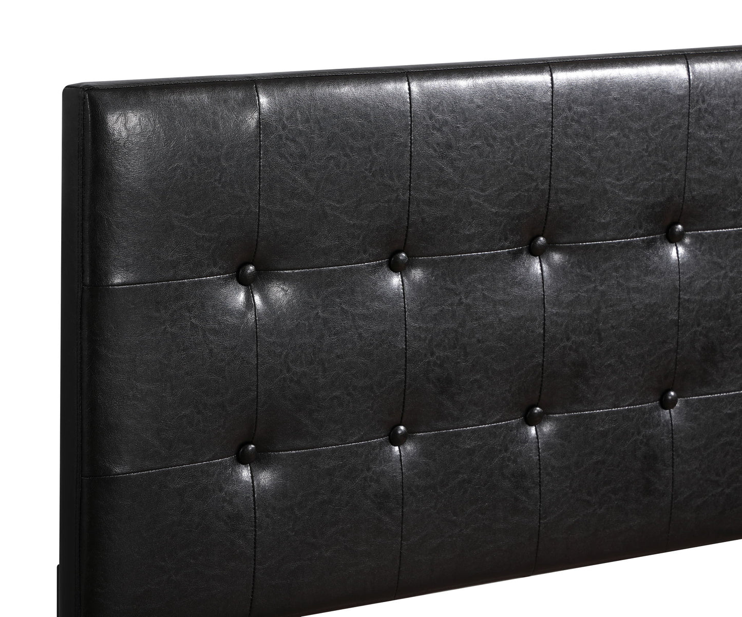 A close-up of the Caldwell Bed's black faux leather tufted headboard, featuring button accents and a smooth, cushioned surface.