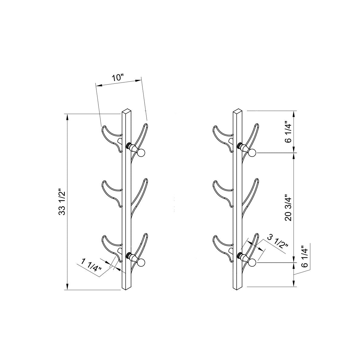 Line drawing of the Vertical Eight Hook Coat Rack Wall Mount, wall-mounted with front and side views. Measures 33.5" tall, 10" wide, 1.25" deep; eight hooks spaced 4.75" apart vertically, one at 20.75" from the top.