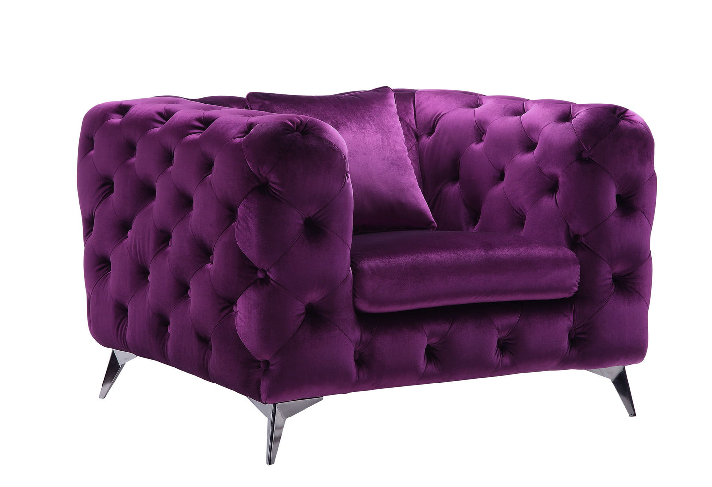 The Atronia Chair features elegant design with plush deep purple velvet, tufted sides and back, metal legs, and a matching cushion.