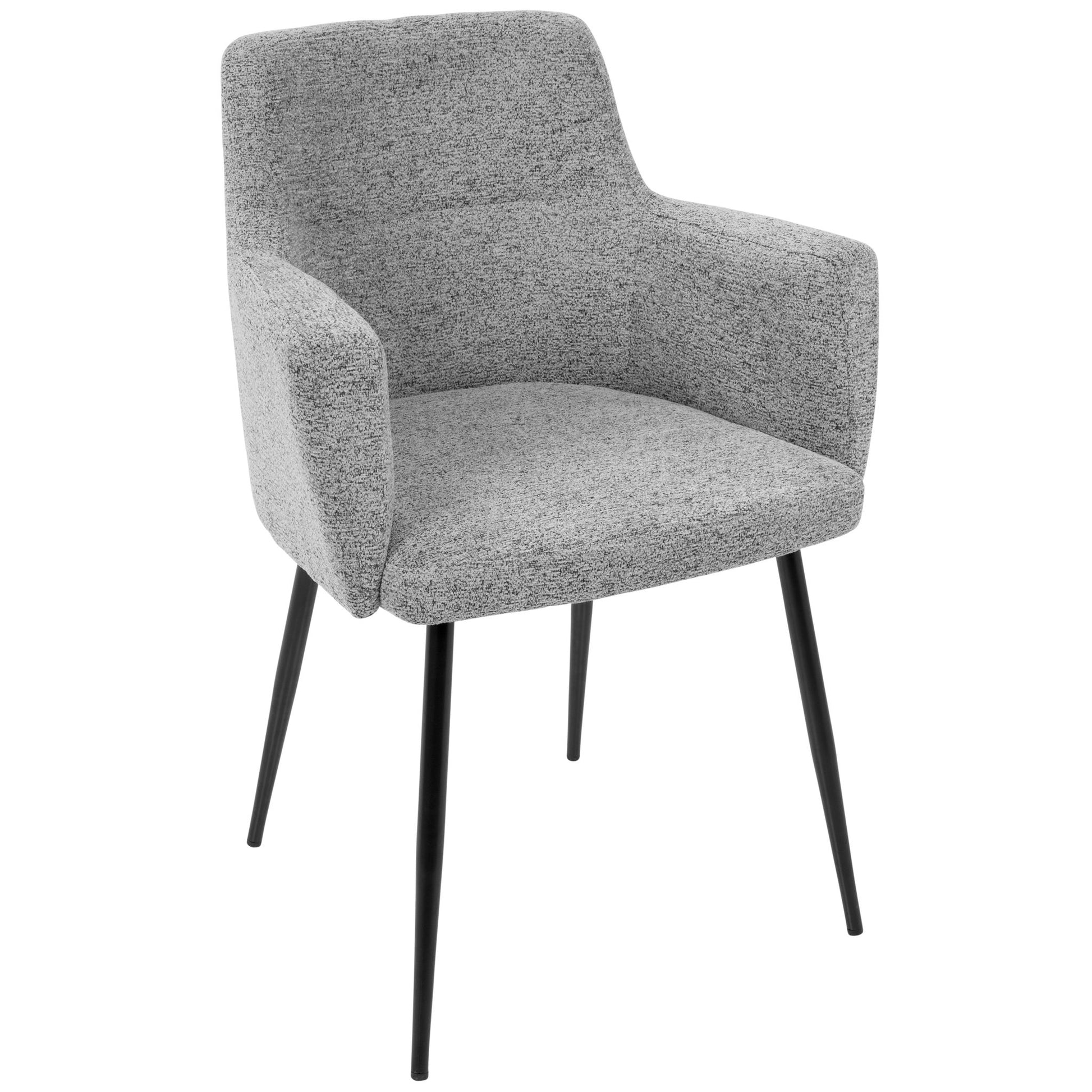 The Andrew - Contemporary Dining Chair (Set of 2) features light gray upholstery, angled armrests, and four black metal legs, shown against a white background.
