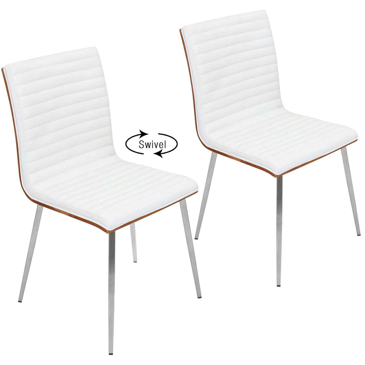 The Mason - Contemporary Dining Chair (Set of 2) features modern white seats with chrome legs and horizontal stitching; an arrow labeled "Swivel" shows that the left chair can rotate.