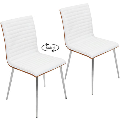 The Mason - Contemporary Dining Chair (Set of 2) features modern white seats with chrome legs and horizontal stitching; an arrow labeled "Swivel" shows that the left chair can rotate.