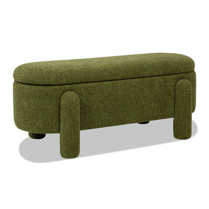 The Hugo - Oval Fully Upholstered Storage Bench features a modern olive-green design with a rounded seat and four thick cylindrical legs, shown against a white background.