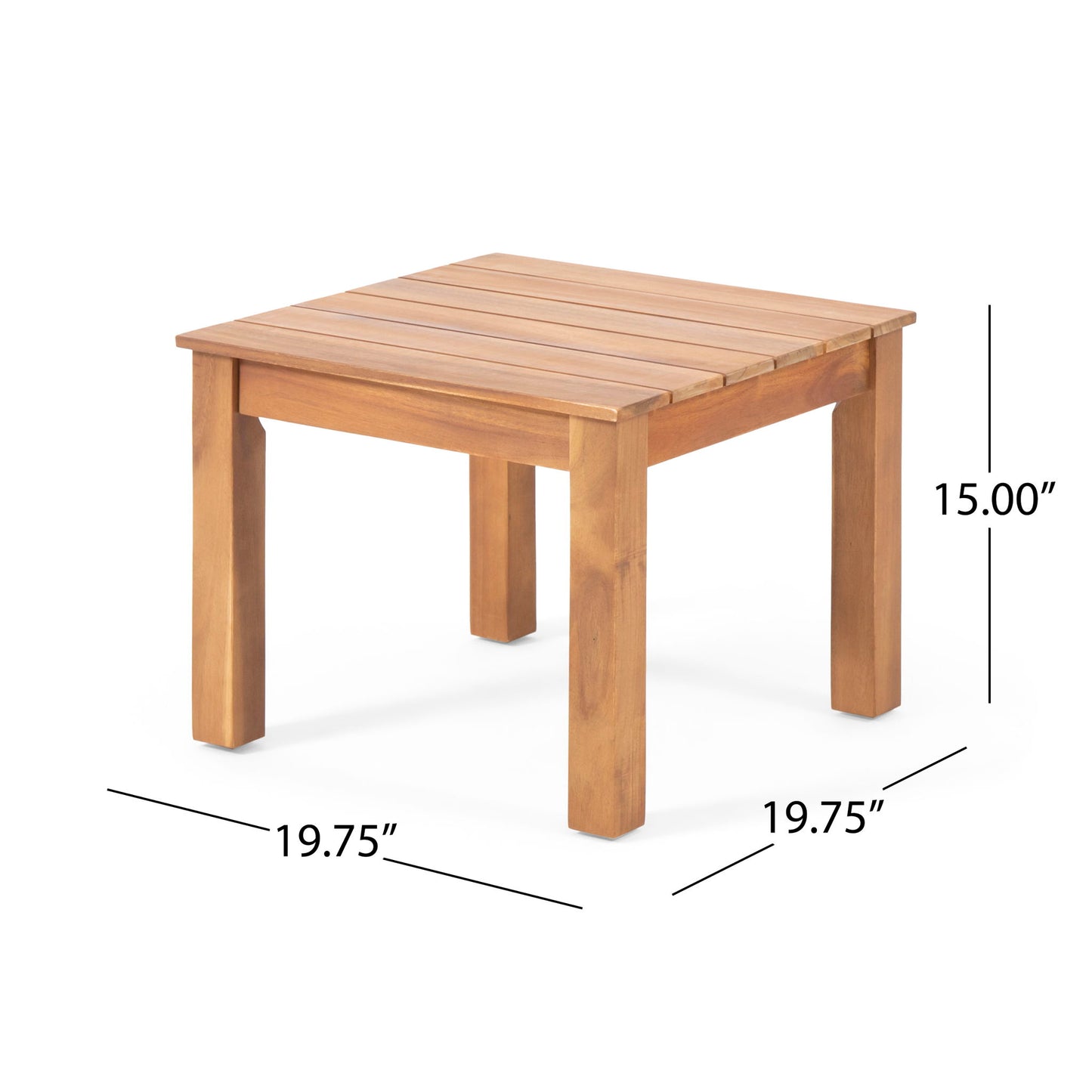 The Halcyon Outdoor Side Table features a square slat design and four straight legs, measuring 19.75" W x 19.75" D x 15" H—perfect for stylish outdoor use.