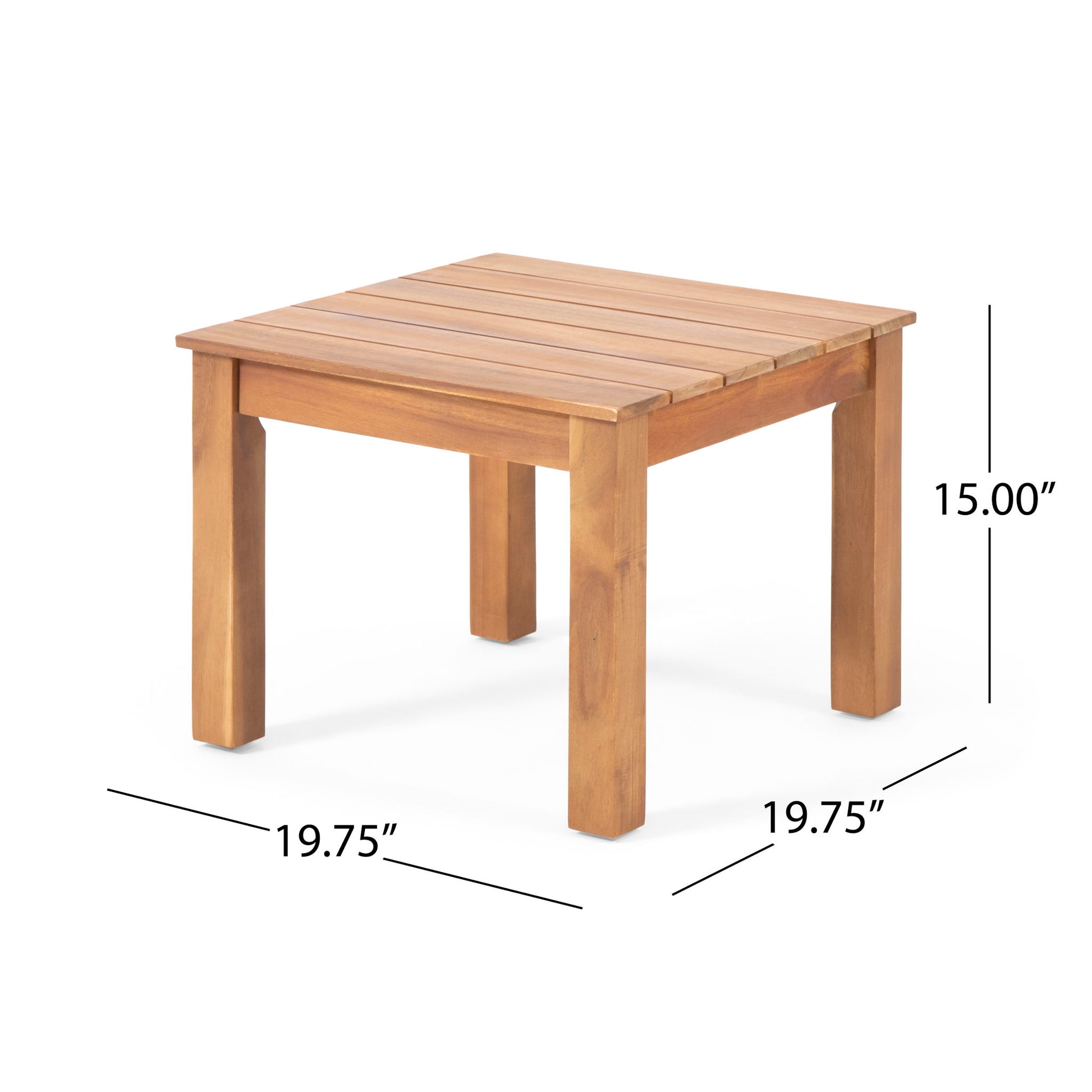 The Halcyon Outdoor Side Table features a square slat design and four straight legs, measuring 19.75" W x 19.75" D x 15" H—perfect for stylish outdoor use.