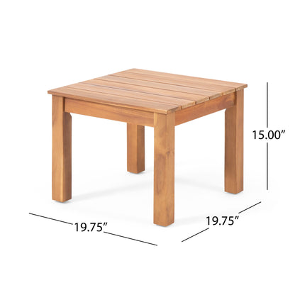 The Halcyon Outdoor Side Table features a square slat design and four straight legs, measuring 19.75" W x 19.75" D x 15" H—perfect for stylish outdoor use.