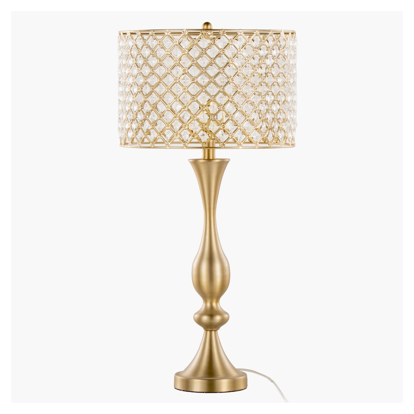 The Topaz – Contemporary Table Lamp features a gold, curvy base and a lattice-patterned shade with crystal accents. An elegant white power cord extends from the bottom, blending modern style with ornate details.