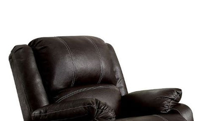 A close-up of the Zuriel Synthetic Leather Recliner Chair, featuring thick cushions, dark brown upholstery, and white stitching, set against a plain white background.