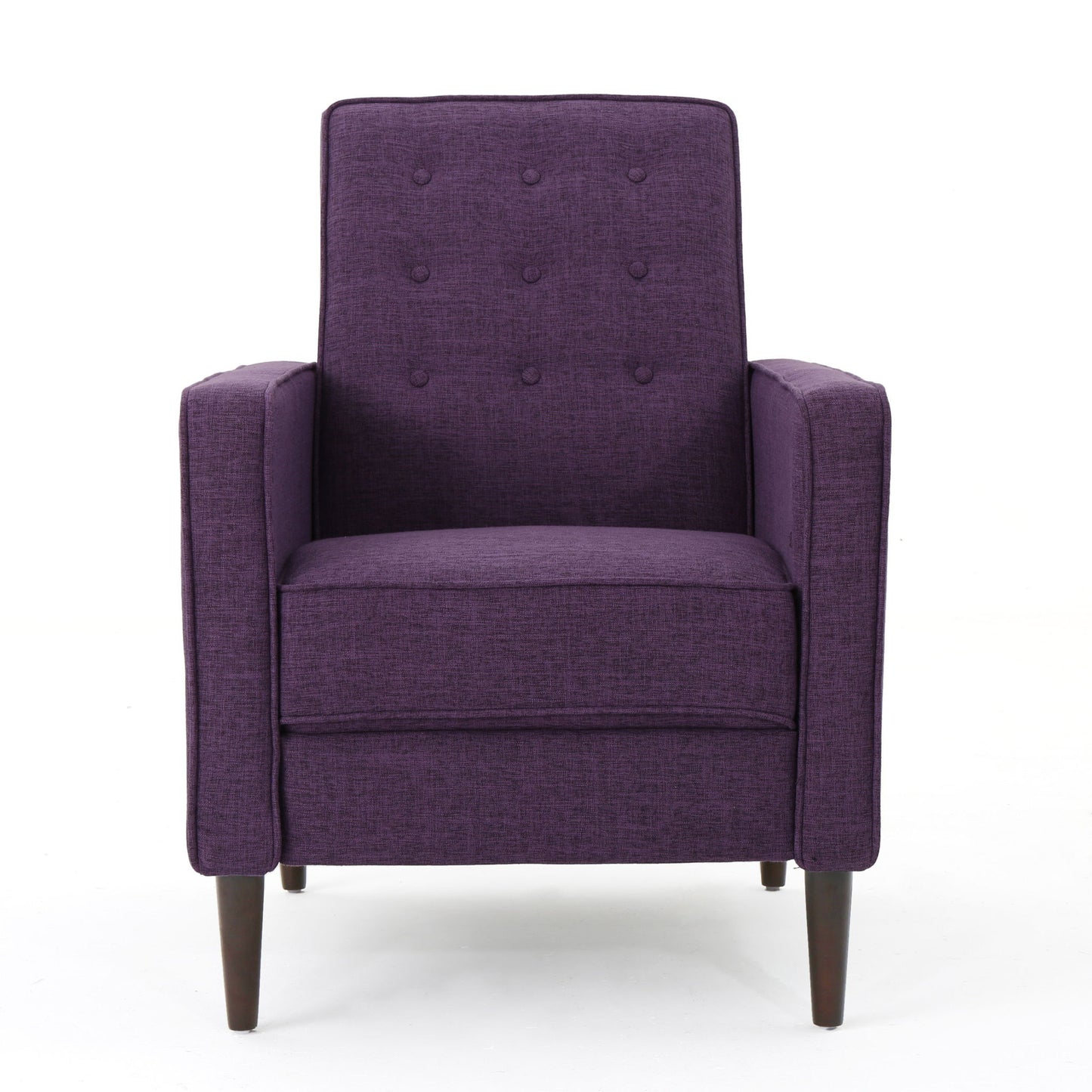 Front view of the Mid-Century Modern Recliner with button tufted waffle stitch, upholstered in deep purple, featuring a modern design and dark wooden legs against a white background.