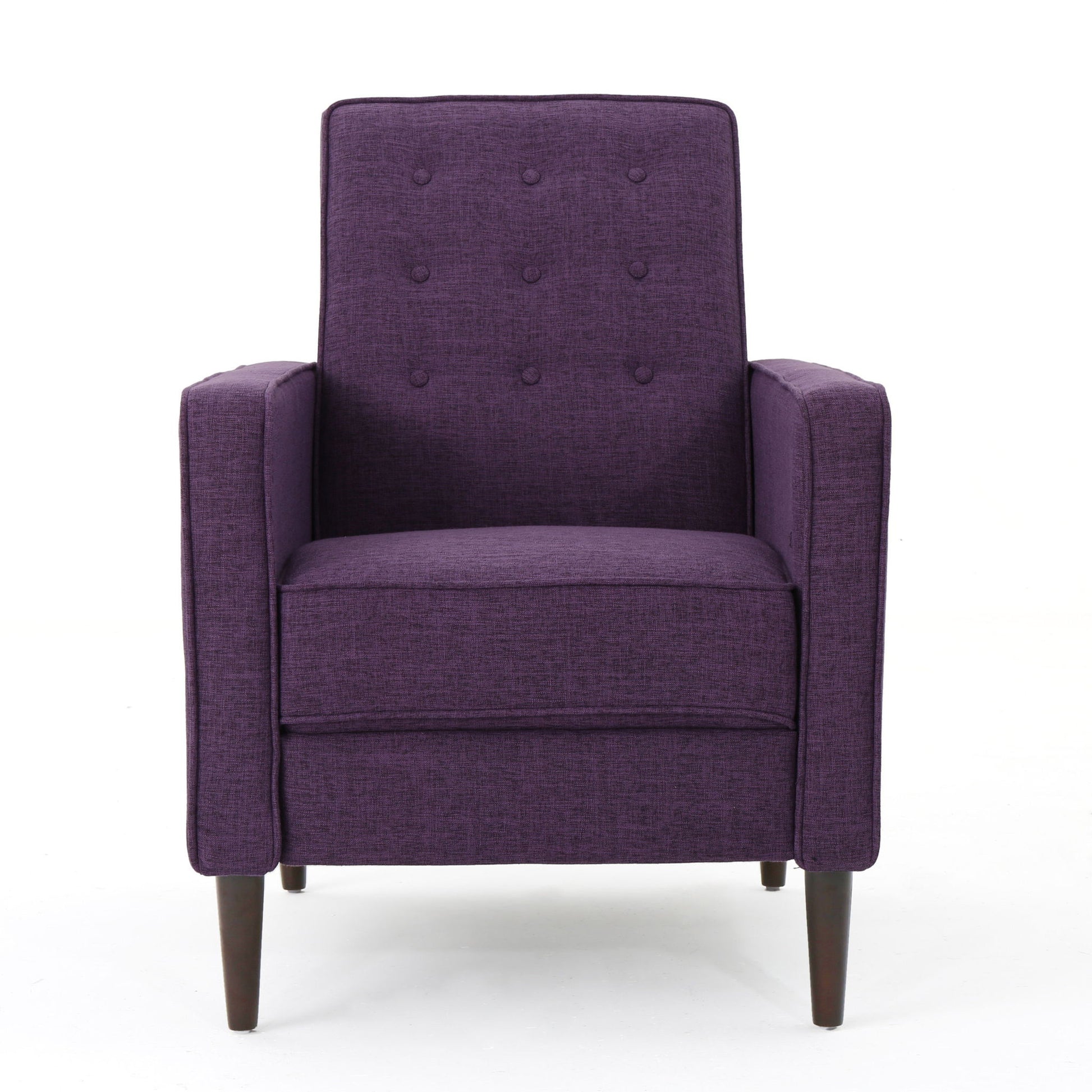 Front view of the Mid-Century Modern Recliner with button tufted waffle stitch, upholstered in deep purple, featuring a modern design and dark wooden legs against a white background.