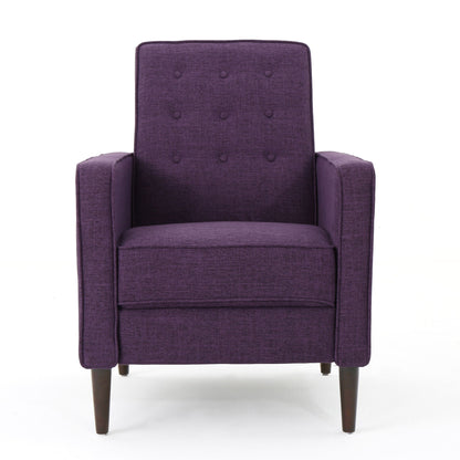 Front view of the Mid-Century Modern Recliner with button tufted waffle stitch, upholstered in deep purple, featuring a modern design and dark wooden legs against a white background.