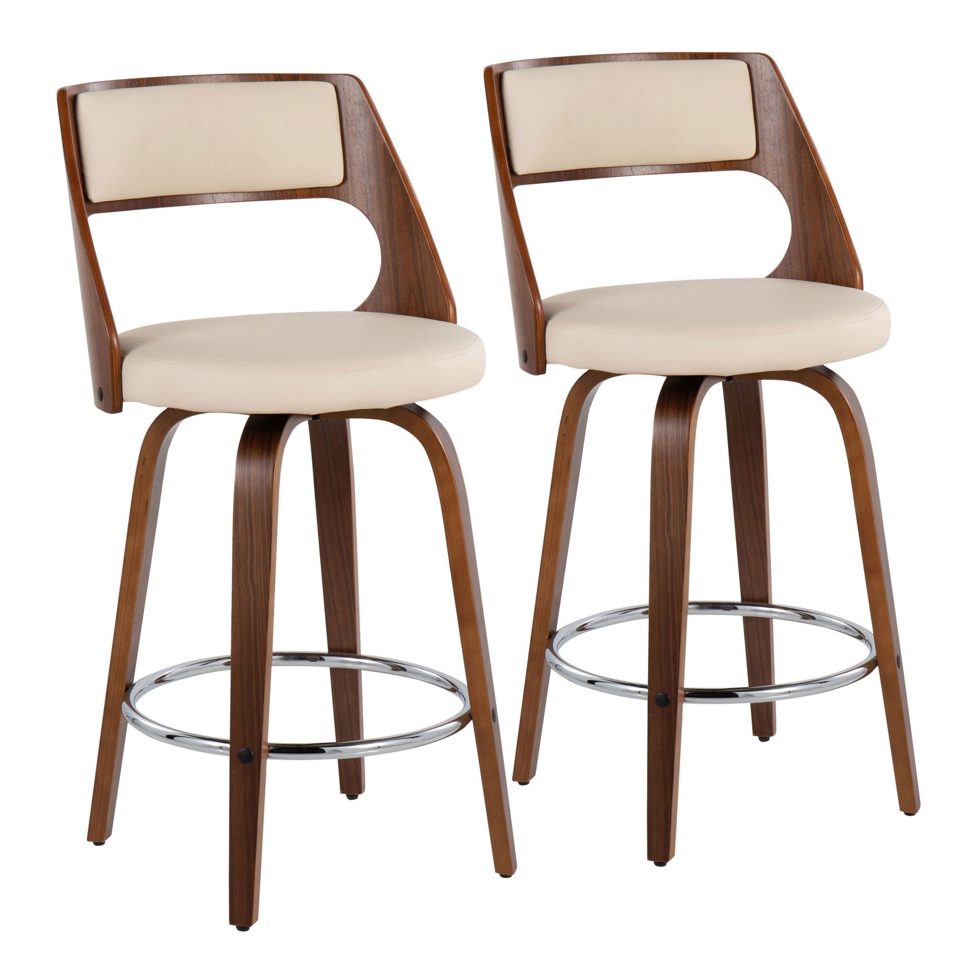 The Cecina set includes two mid-century modern counter stools with wooden frames, cream cushioned seats and backrests, curved supports, round metal footrests, fixed height, swivel function, and four tapered legs.