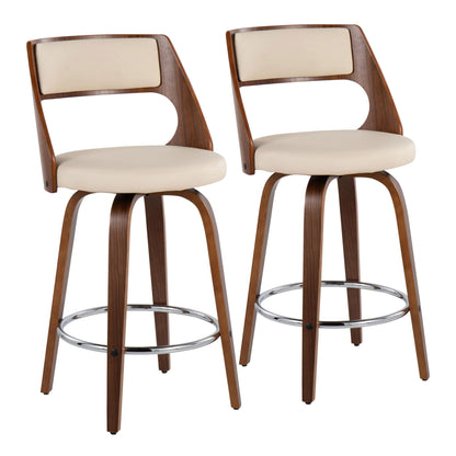 The Cecina set includes two mid-century modern counter stools with wooden frames, cream cushioned seats and backrests, curved supports, round metal footrests, fixed height, swivel function, and four tapered legs.
