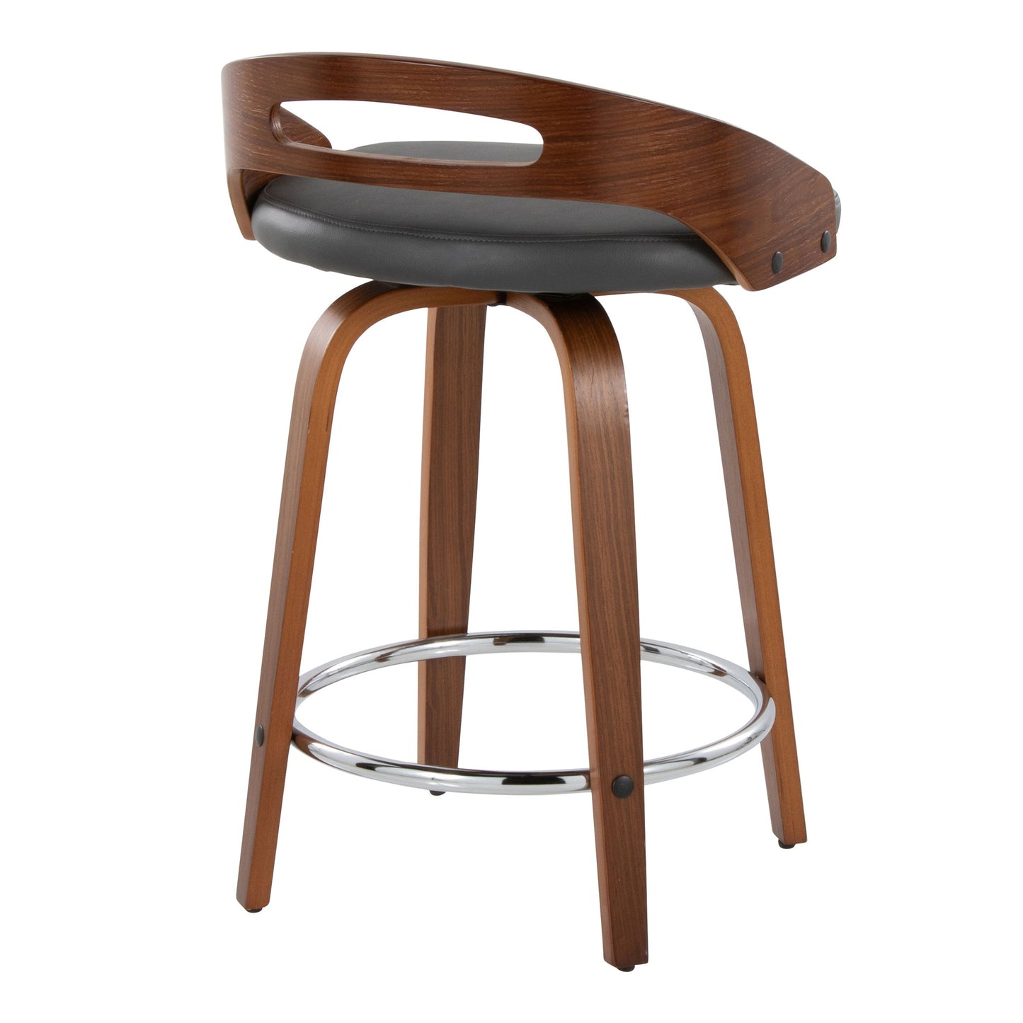 The Cassis Mid Century Modern Fixed Height Counter Stool features a curved backrest, black cushioned seat, four angled legs, a round metal footrest, and swivel function. Sold as a set of 2.