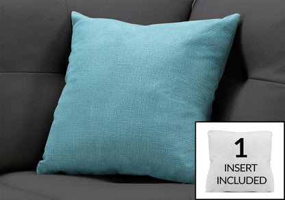 A light blue textured Pillow Square, Decorative Throw, rests on a dark gray sofa. Inset shows the hypoallergenic white insert with text "1 INSERT INCLUDED.