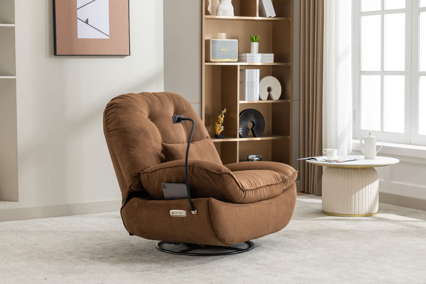 The Power Recliner Swivel Glider USB Charger with Bluetooth Music Player sits on a light carpet in a modern living room, near a bookshelf, wall art, and a round table with a teapot and cups by a sunny window.