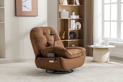The Power Recliner Swivel Glider USB Charger with Bluetooth Music Player sits on a light carpet in a modern living room, near a bookshelf, wall art, and a round table with a teapot and cups by a sunny window.