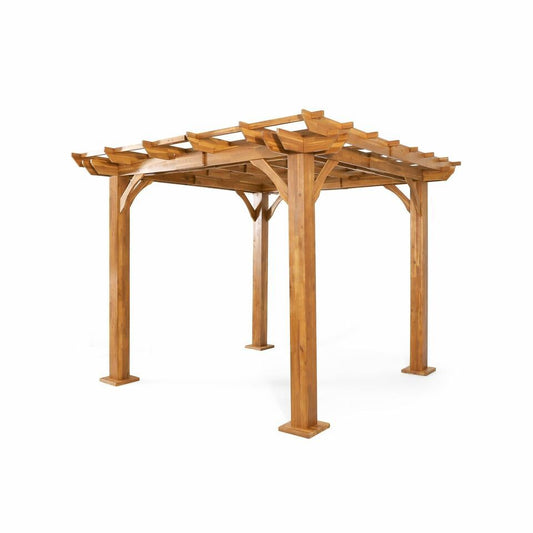 The Brady 10 x 10 Ft. Square Pergola in teak features four sturdy square posts, an open slatted roof with decorative angled beam edges, and is shown against a plain white background.