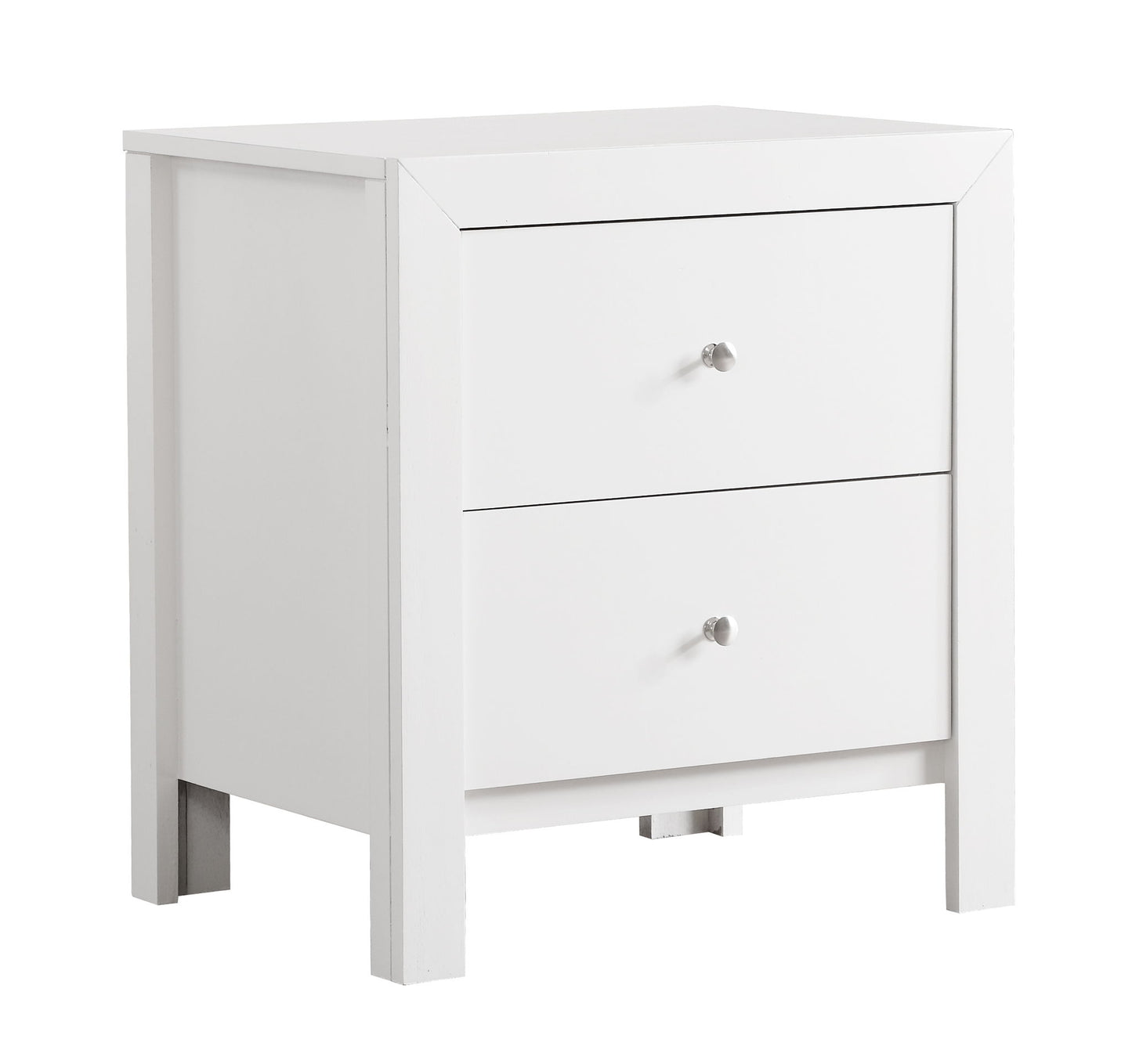 The Charming Nightstand With Drawers is a white, modern bedside table featuring two drawers with round silver knobs, straight lines, and a smooth finish.