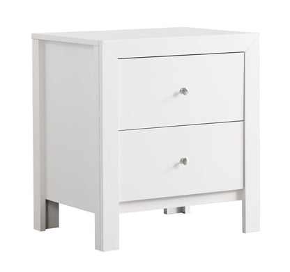 The Charming Nightstand With Drawers is a white, modern bedside table featuring two drawers with round silver knobs, straight lines, and a smooth finish.