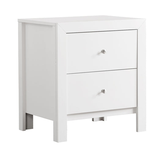 The Charming Nightstand With Drawers is a white, modern bedside table featuring two drawers with round silver knobs, straight lines, and a smooth finish.