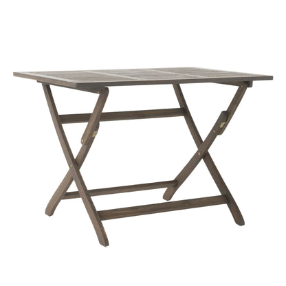 The Blissique Outdoor Foldable Wood Dining Table features a rectangular slat design top with crossed legs, offering a simple and functional style perfect for outdoor use.