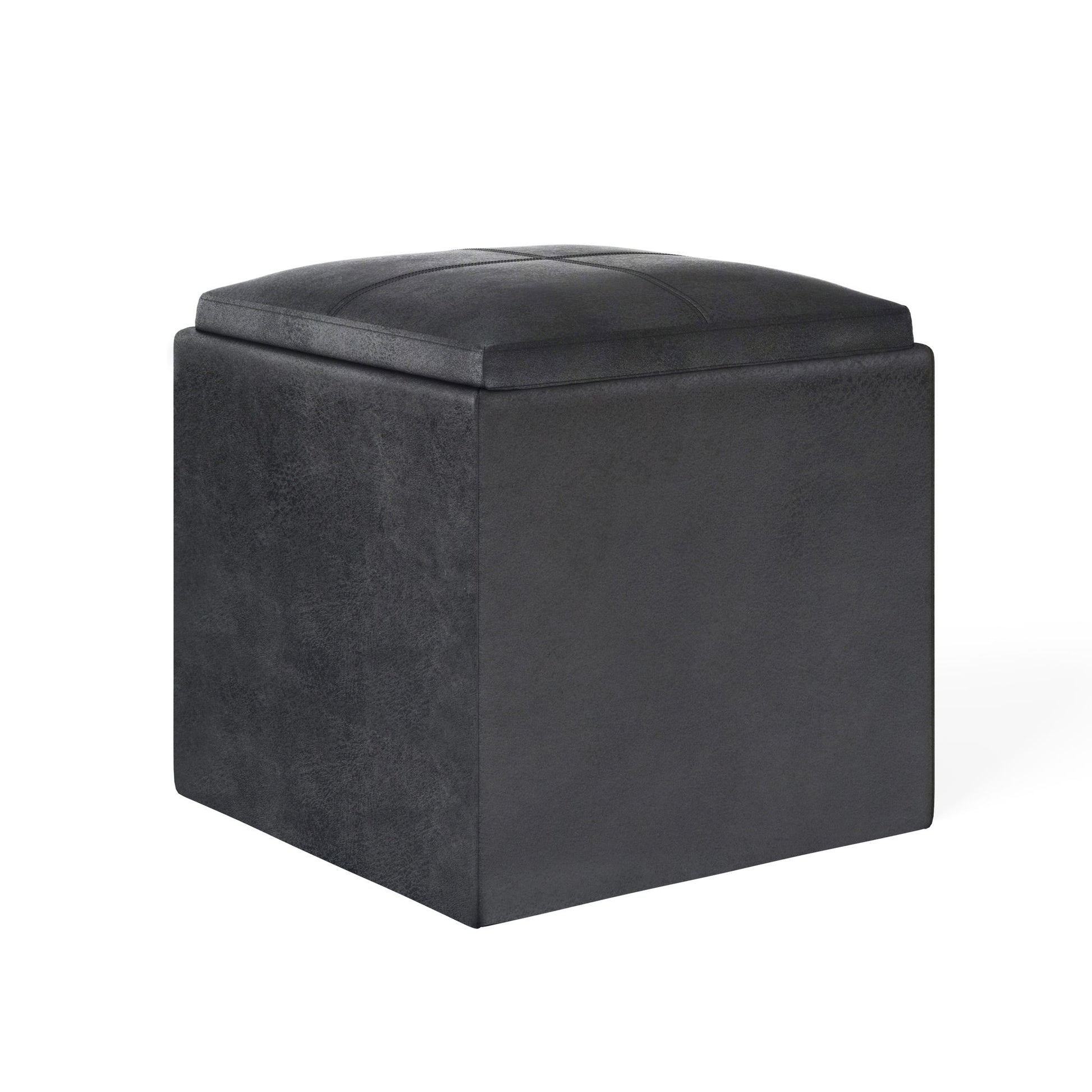 The Rockwood Upholstered Cube Storage Ottoman with Tray features a black, square design with a cushioned top and smooth sides, shown on a plain white background.