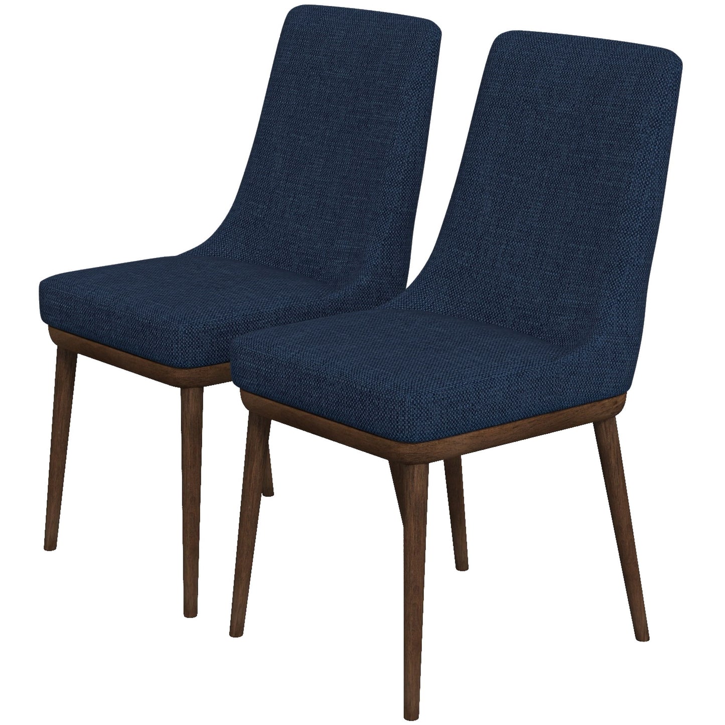 The Kate Mid-Century Modern Dining Chairs (Set of 2) feature navy blue upholstered seats and backs with dark wooden legs, shown side by side against a white background.