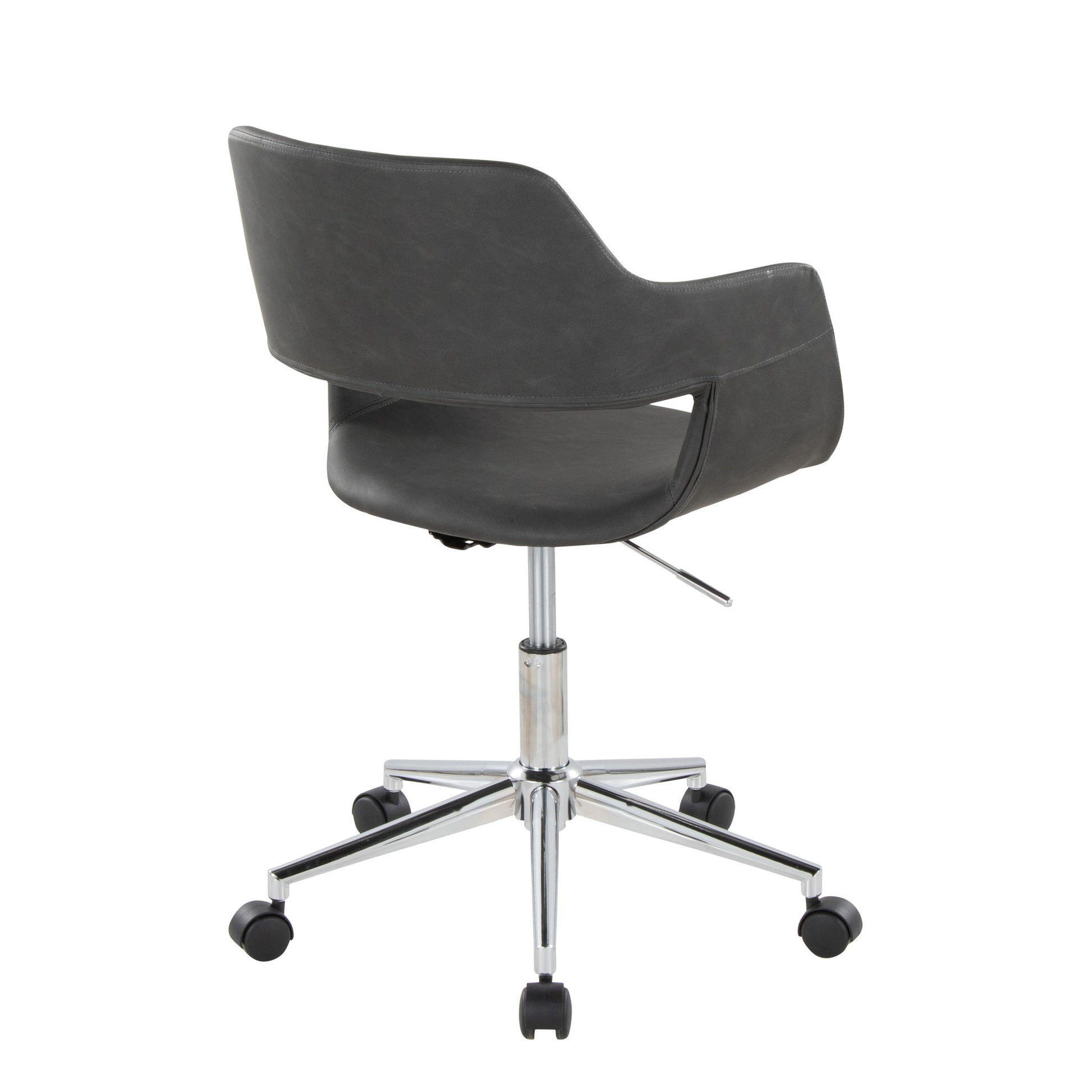 The Margarite - Contemporary Office Task Chair features a sleek black design, curved backrest, armrests, adjustable height lever, and sits on a chrome five-wheel base; shown here in rear view.