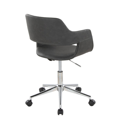 The Margarite - Contemporary Office Task Chair features a sleek black design, curved backrest, armrests, adjustable height lever, and sits on a chrome five-wheel base; shown here in rear view.