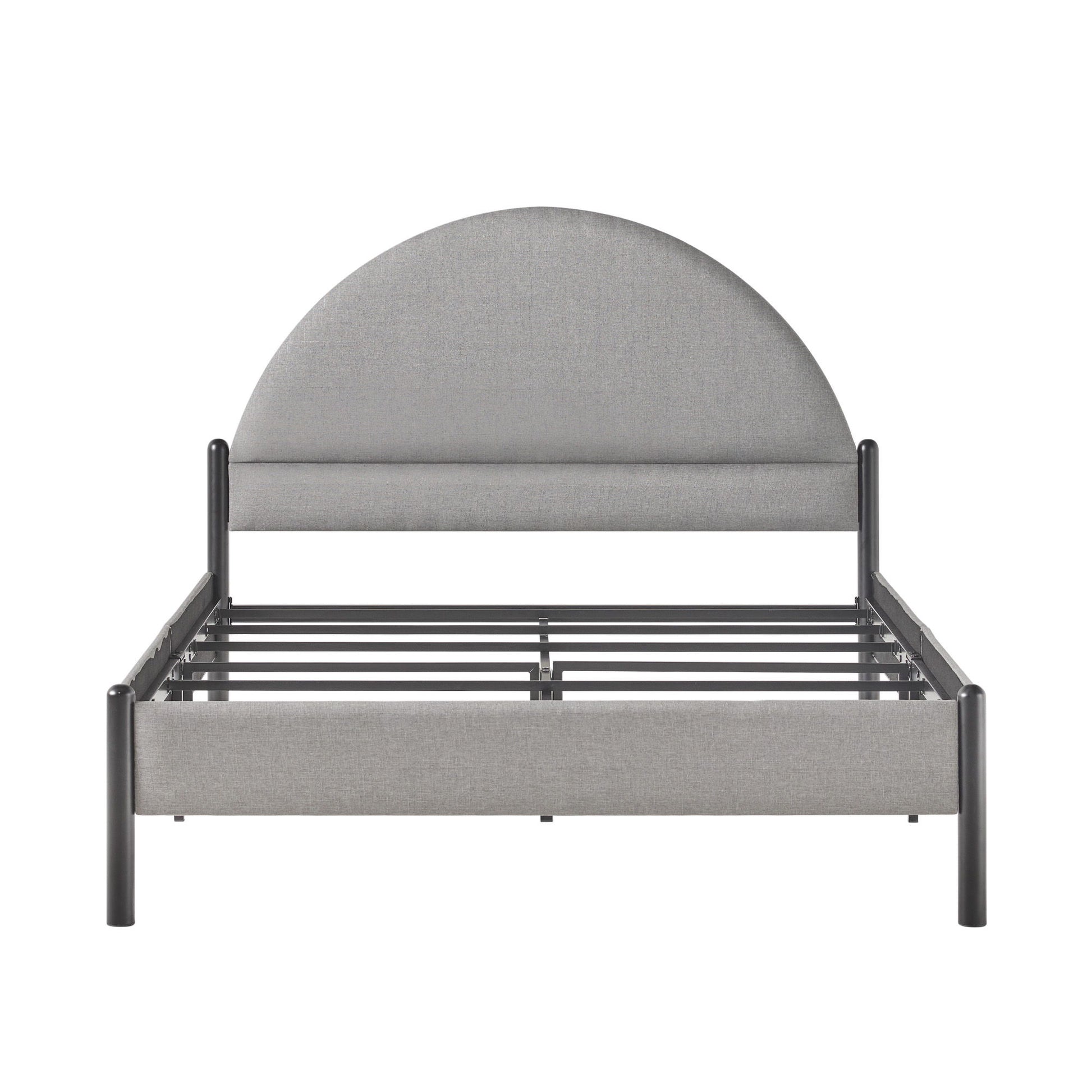 The Bed Modern Upholstered Curved Headboard features a rounded gray headboard and metal slats, displayed from the front on a white background.